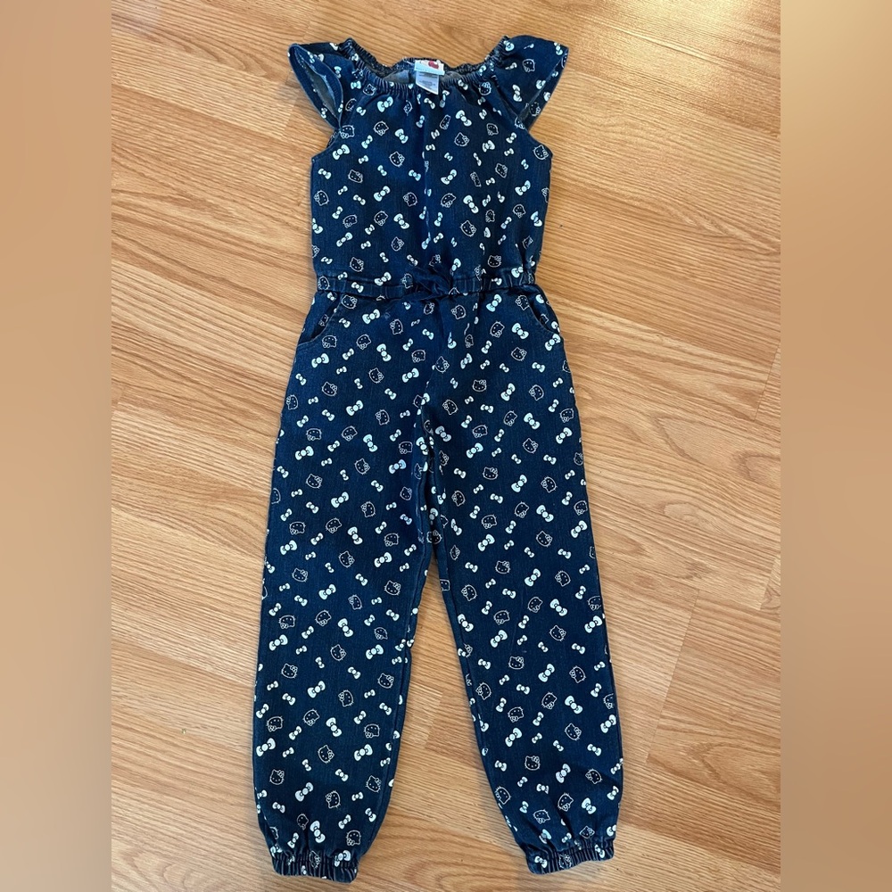 Hello Kitty Denim Jumpsuit Kids Sz 4 Dark Wash White Kitties Vintage VTG